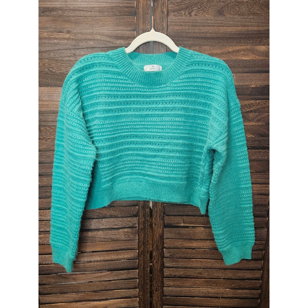 Habit Sweater Large Teal Green Pointelle Knit Cropped Crew Neck Pullover #863